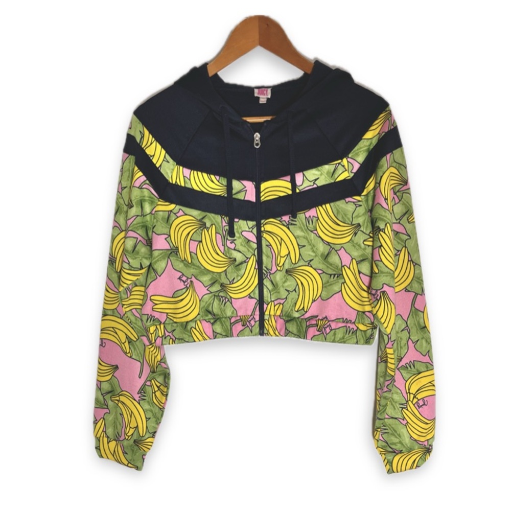 Juicy Couture Banana Print Cropped Full Zip Hoodie Y2K Vintage Navy Whimsical L